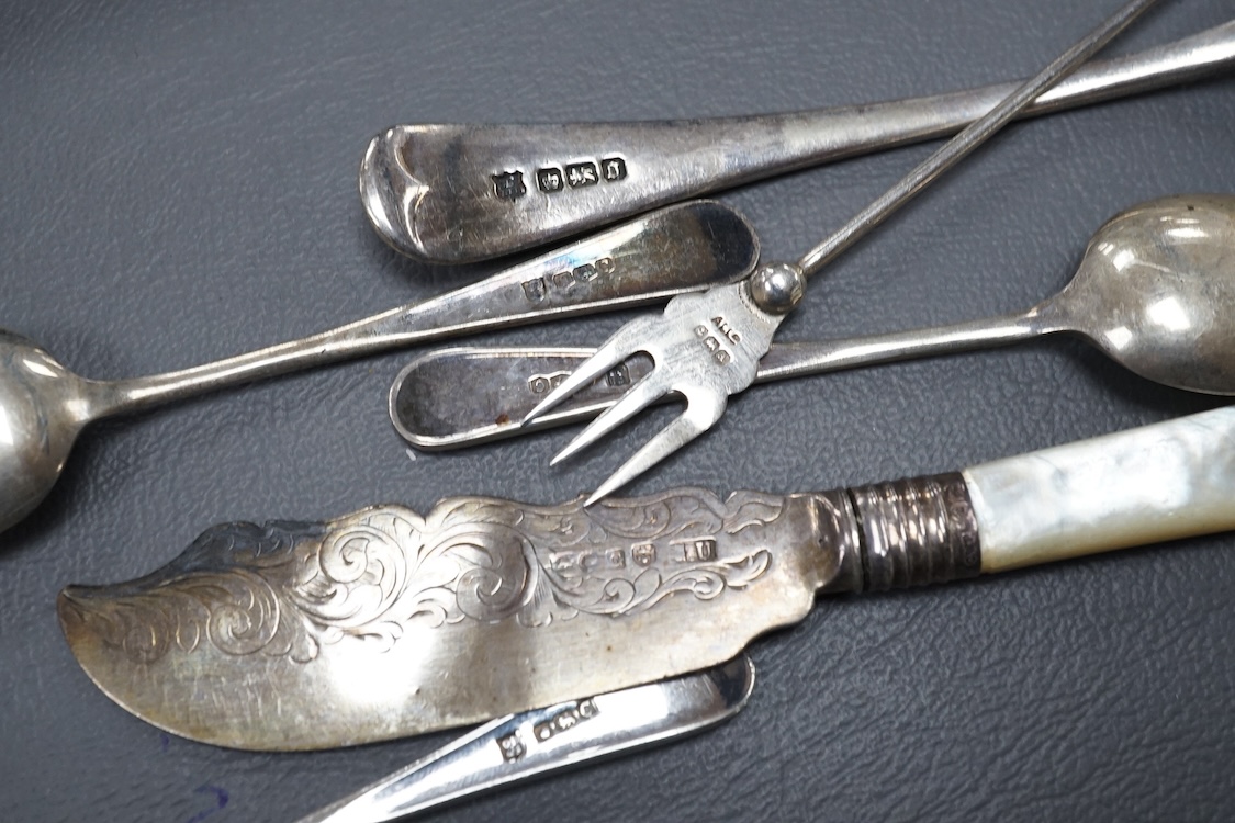 A collection silver to include a modern commemorative Britannia standard dish, cased, a cased set of six George VI teaspoons and other sundry flatware.